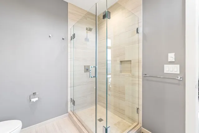 a bathroom with a shower and a toilet