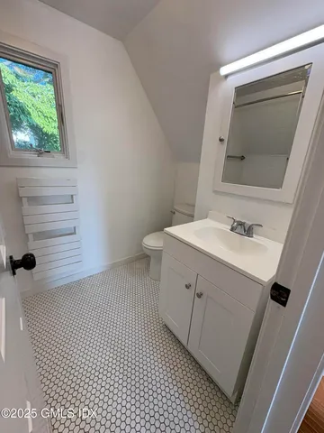 a bathroom with a sink vanity and toilet