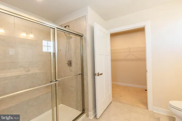 a bathroom with a shower and a toilet