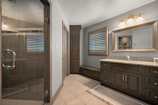 a outdoor space with patio furniture and a fireplace