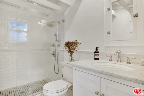 a bathroom with a granite countertop sink a toilet and shower