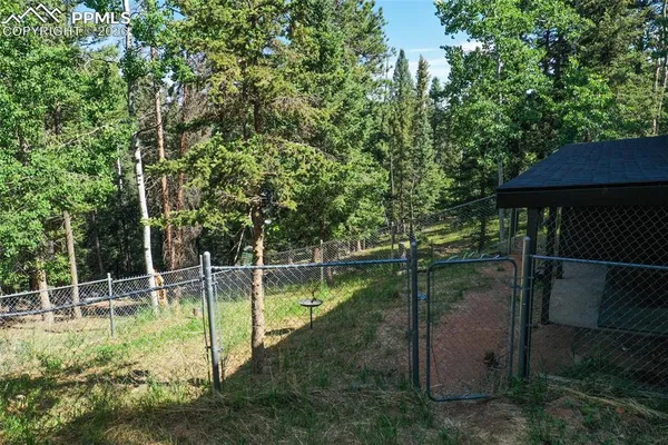 a view of a backyard with a garden and entertaining space
