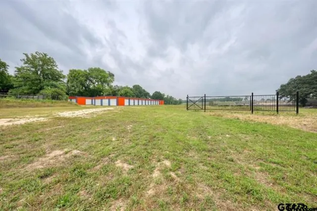 a view of swimming pool with lawn chairs and large trees