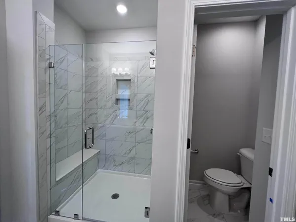 a bathroom with a shower and a toilet