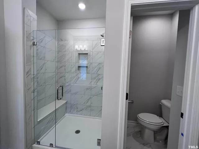 a bathroom with a shower and a toilet