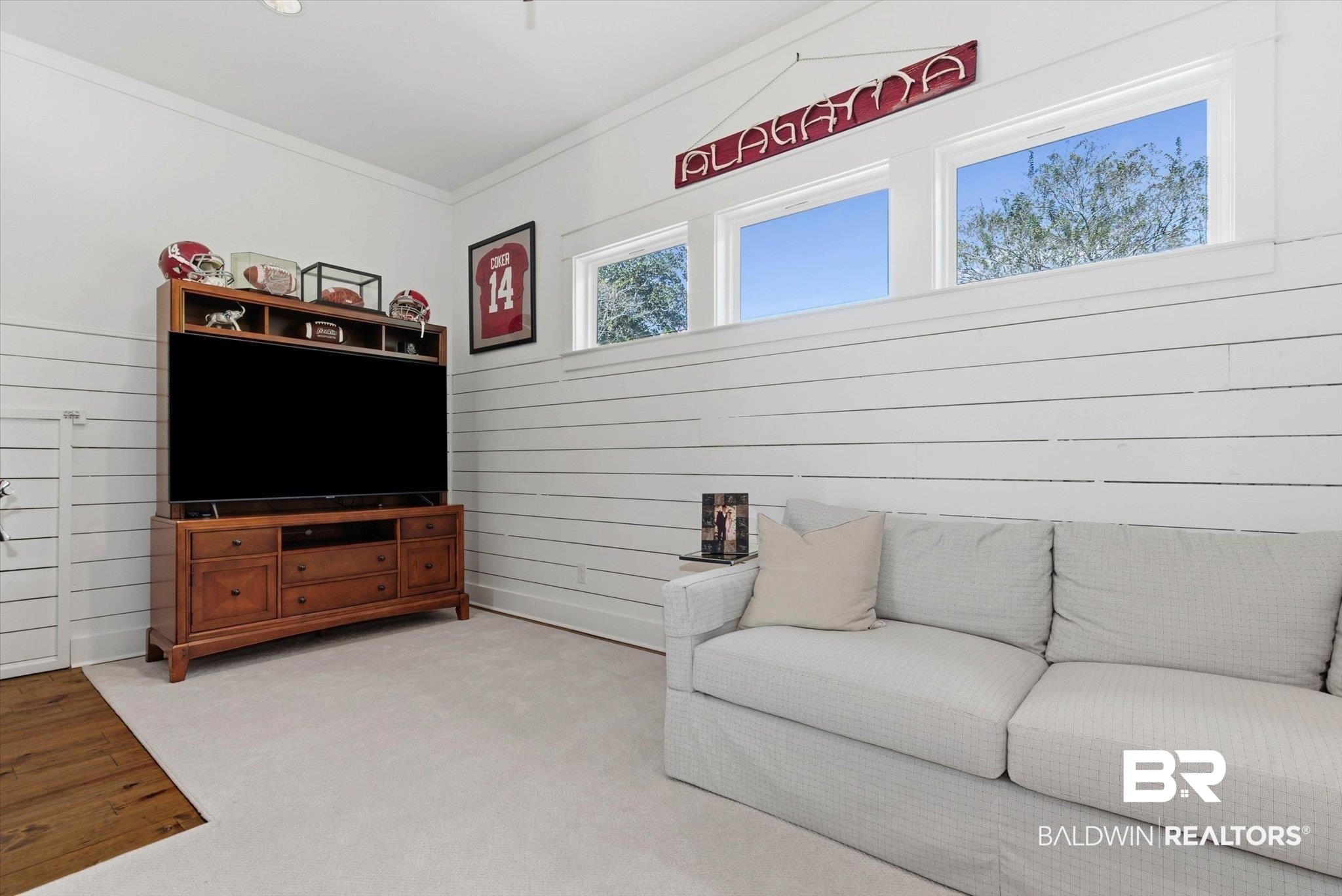 3704 Stein Street Mobile, AL 36608 - Photo 20 of 37 Living room featuring ornamental molding, wooden walls, carpet flooring, and wood finished floors