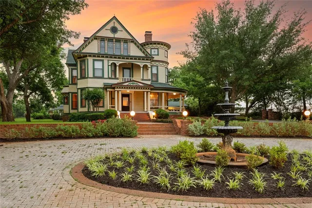 an aerial view of a pool