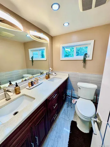 a bathroom with a sink mirror and vanity