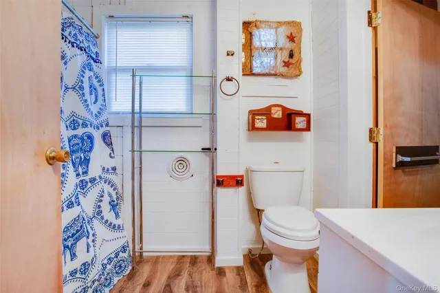 a bathroom with a toilet and a shower curtain
