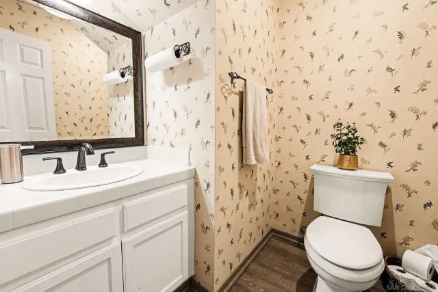a bathroom with a toilet a sink and a shower curtain