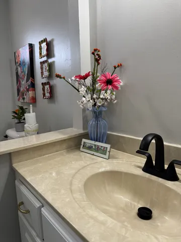 a bathroom with a sink vanity and a mirror