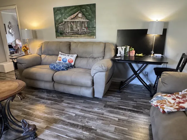 a living room with furniture and wooden floor