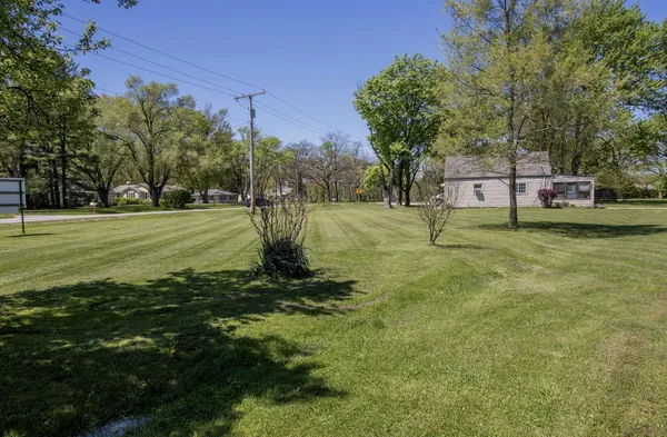 a view of a park with large trees