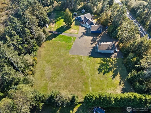 an aerial view of a house with swimming pool and large trees
