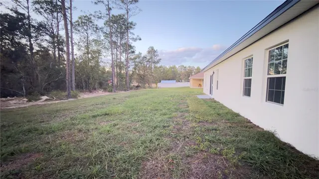 a view of a backyard with large trees
