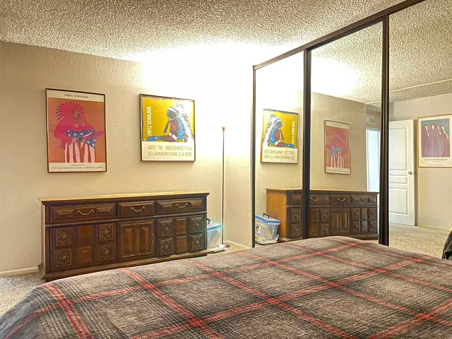 a bedroom with a bed and a dresser