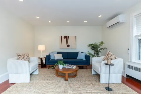 a living room with furniture and a potted plant