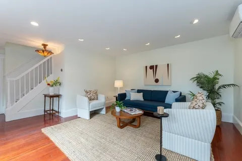 a living room with furniture flowerpot and wooden floor
