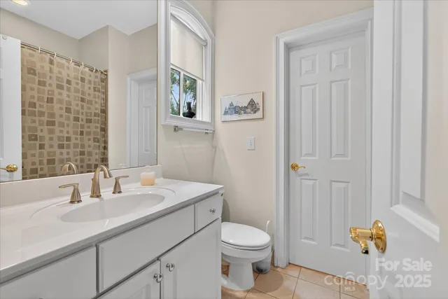 a bathroom with a sink a toilet and shower curtain
