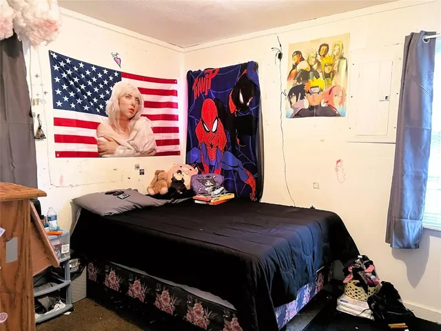 a bedroom with a bed and dresser