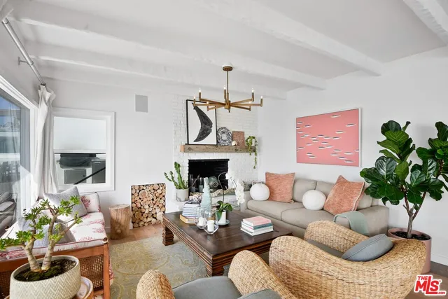 a living room with furniture potted plant and a fireplace