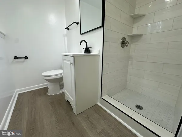 a bathroom with a shower and a toilet