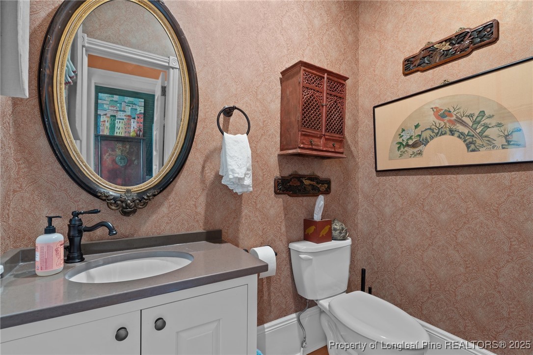 300 High Street Aberdeen, NC 28315 - Photo 29 of 50 a bathroom with a toilet a sink and a mirror
