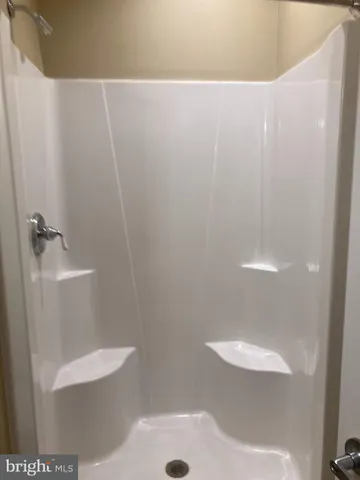 a bathroom with a shower and toilet