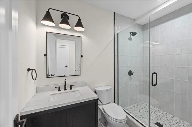 a bathroom with a toilet sink vanity and shower