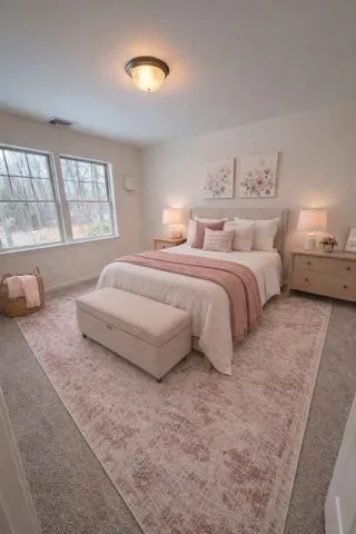 a spacious bedroom with a bed and a large window