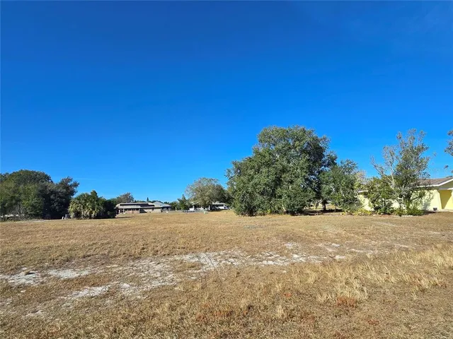 a view of a field with trees in background