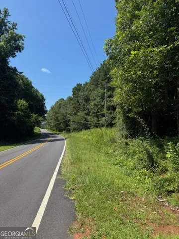 a view of a green yard with large trees