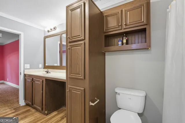 a bathroom with a toilet sink and mirror