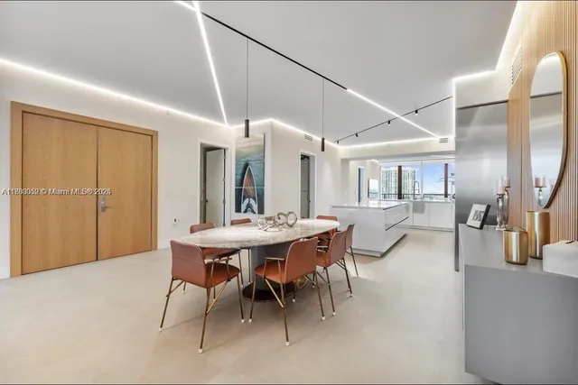 a view of a dining room with furniture
