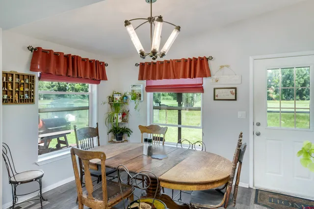 a view of a dining room with furniture window and outside view