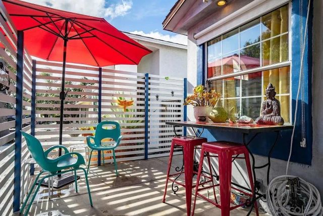 a view of a chairs and table in the patio