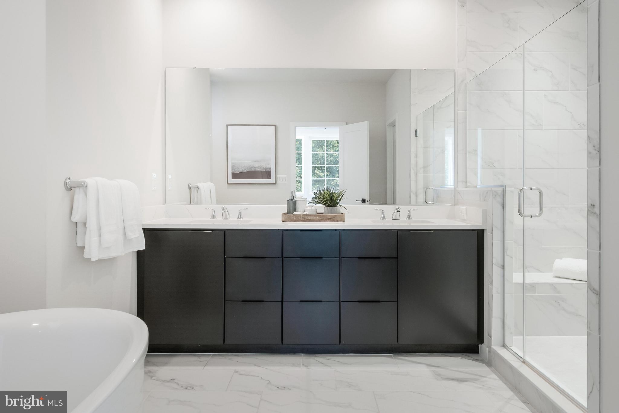 11748 Sunrise Valley Drive Reston, VA 20191 - Photo 42 of 60 a bathroom with a double vanity sink a mirror and a bathtub