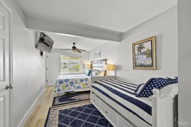 a bedroom with two beds and painting on the wall