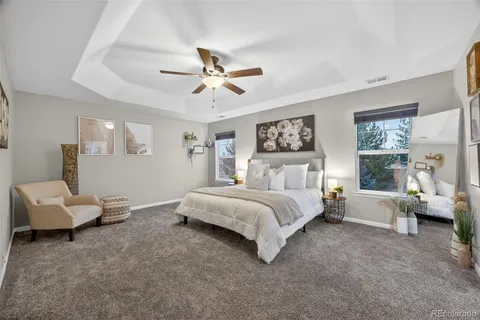 a spacious bedroom with a bed and furniture