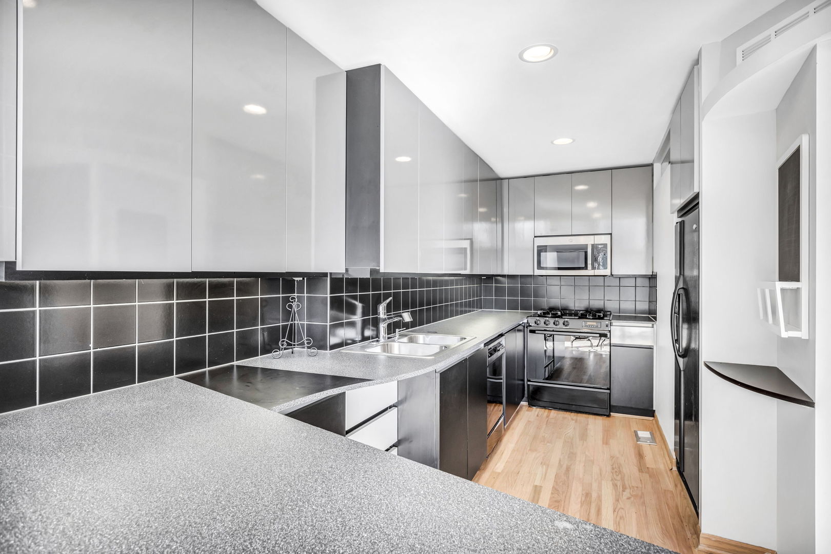 1610 Dempster Street Evanston, IL 60202 - Photo 10 of 28 a kitchen with stainless steel appliances kitchen island granite countertop a sink stove and refrigerator