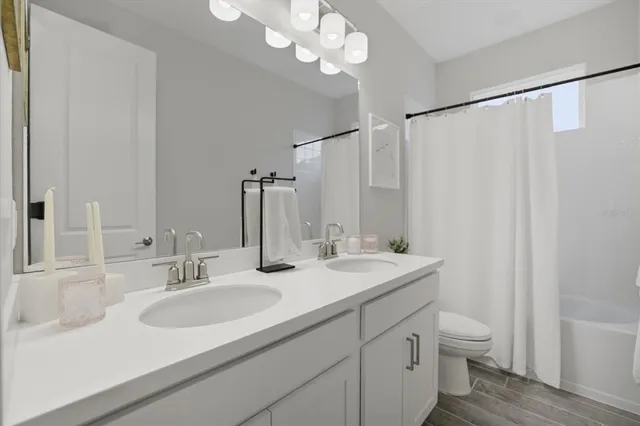 a bathroom with a double vanity sink mirror and toilet