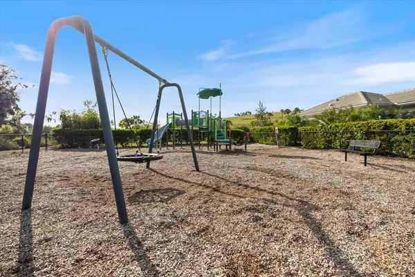 a view of a park with large trees
