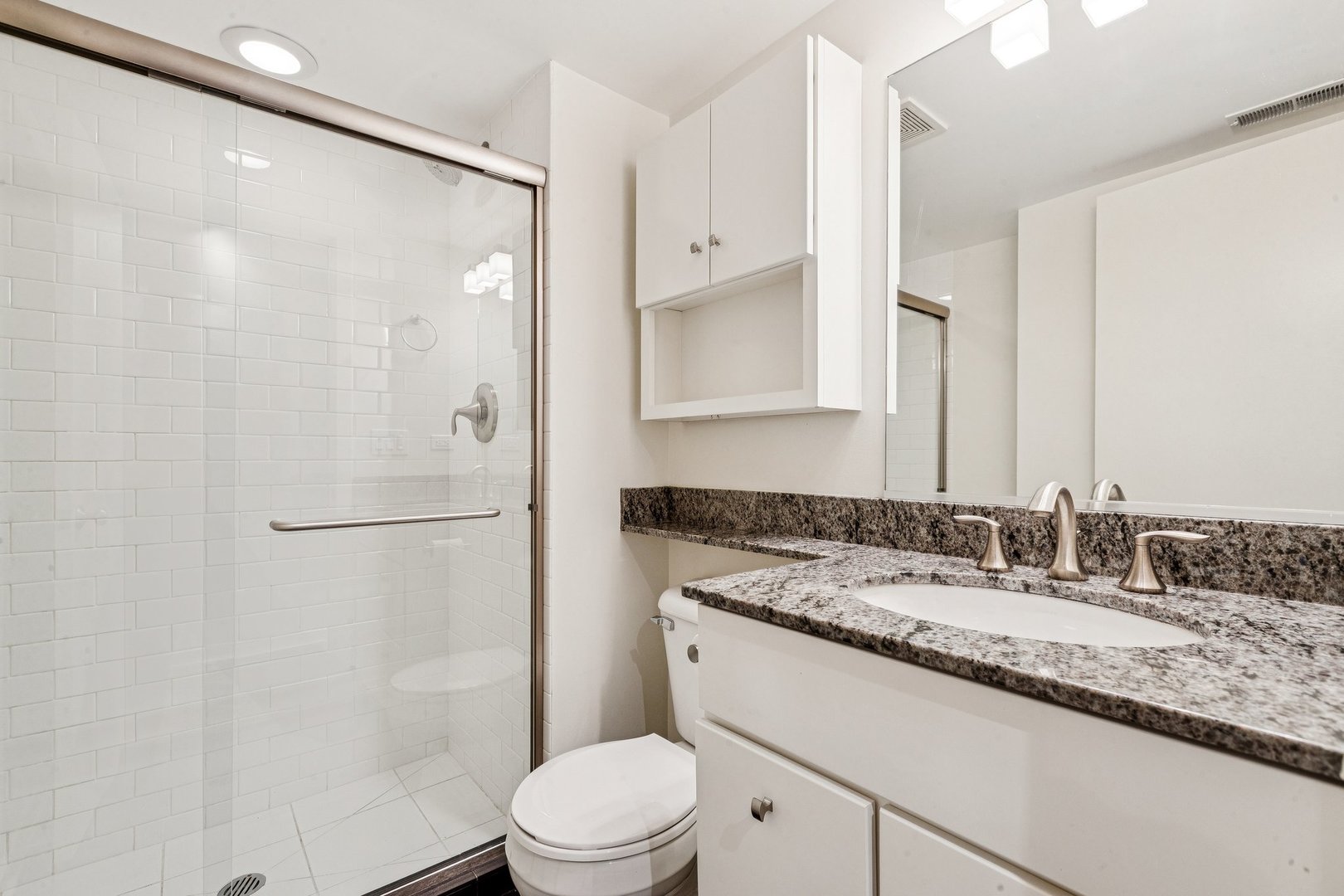 3201 North Ravenswood Avenue, Unit 301 Chicago, IL 60657 - Photo 24 of 38 a bathroom with a granite countertop sink toilet and shower