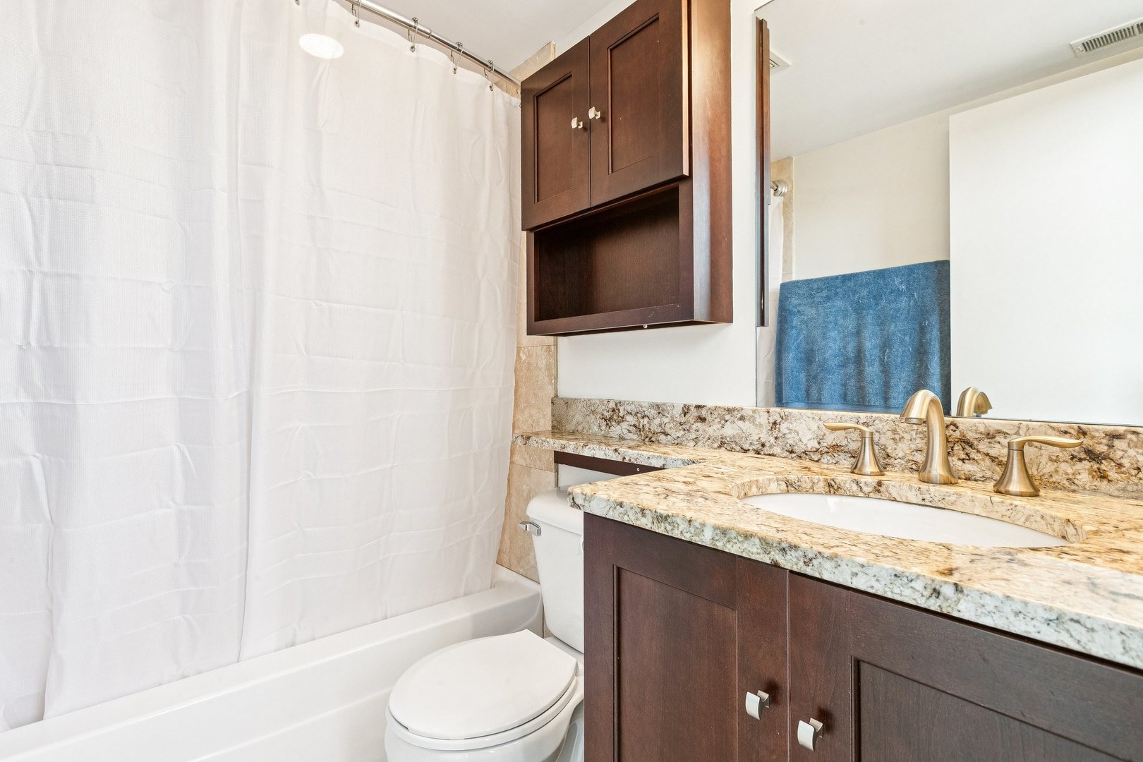 3201 North Ravenswood Avenue, Unit 301 Chicago, IL 60657 - Photo 29 of 38 a bathroom with a granite countertop sink toilet and shower