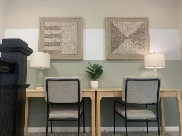 a view of a workspace with furniture and a potted plant