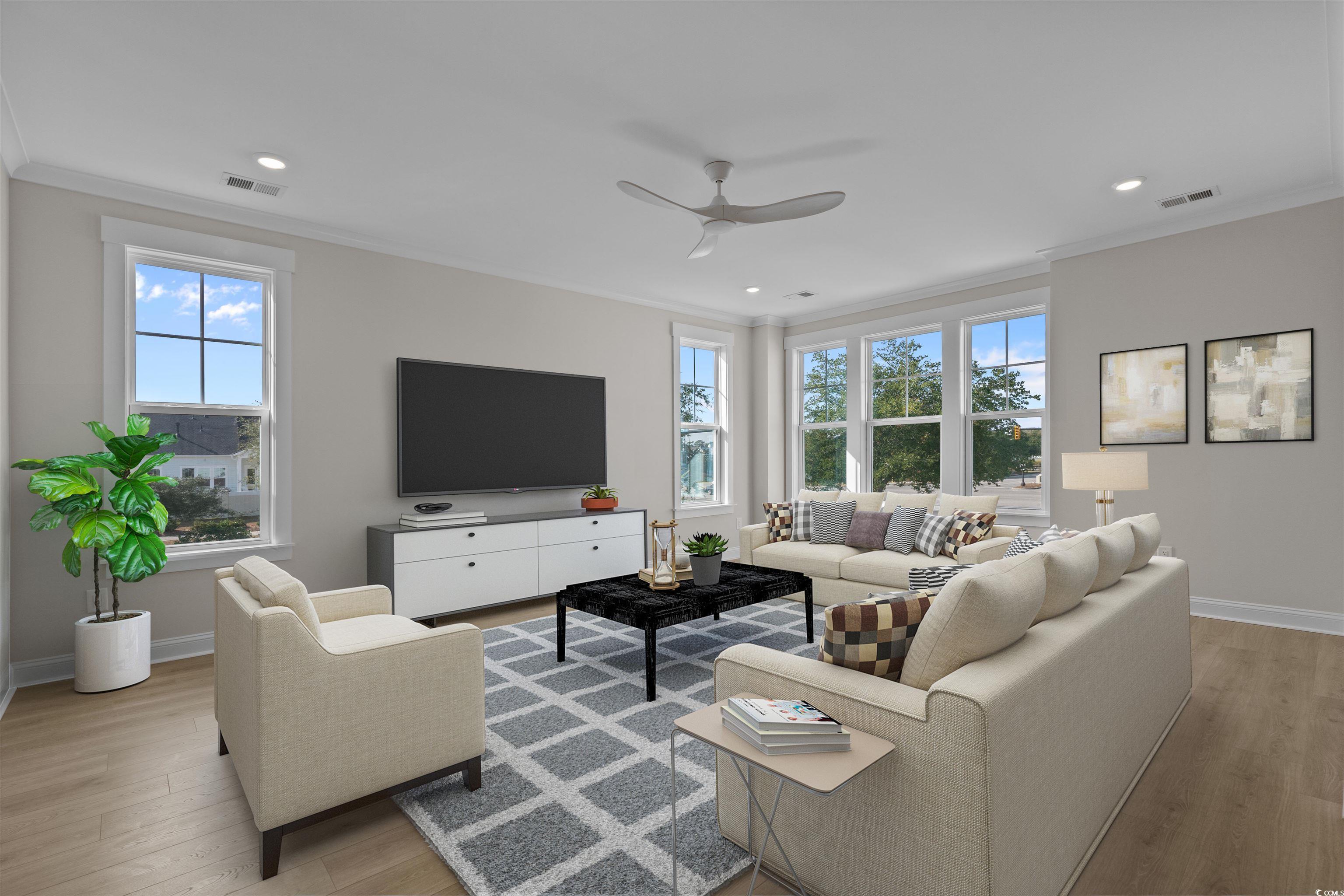 8476 Duke Place, Unit 32 Myrtle Beach, SC 29572 - Photo 12 of 40 Living room with ornamental molding, ceiling fan, light wood-style floors, and recessed lighting