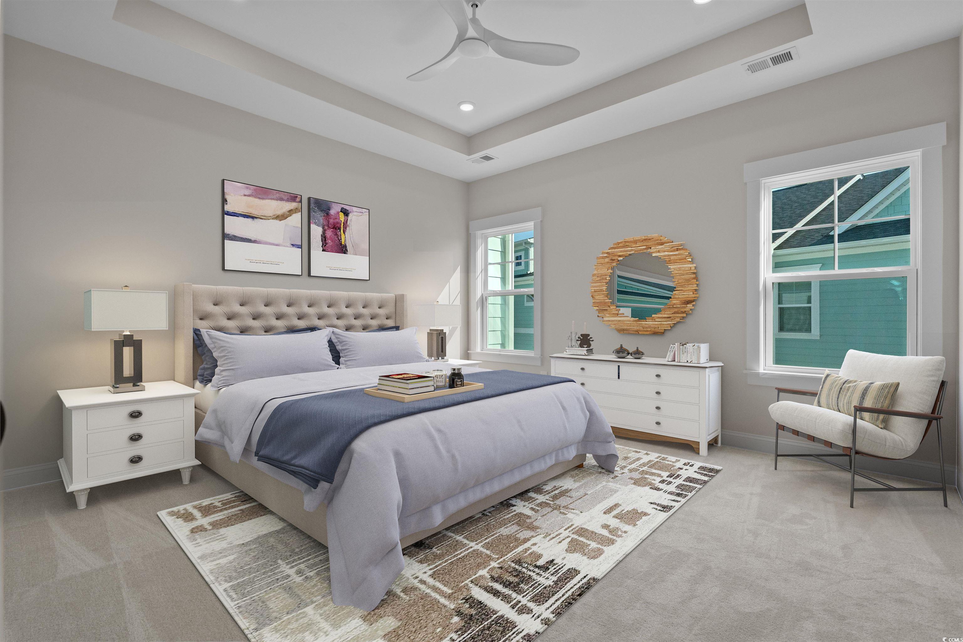 8476 Duke Place, Unit 32 Myrtle Beach, SC 29572 - Photo 25 of 40 Bedroom featuring a raised ceiling, light colored carpet, a ceiling fan, and recessed lighting