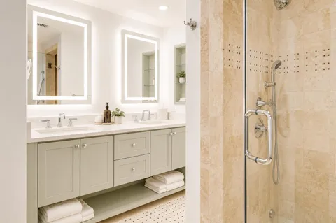 a bathroom with a double vanity sink mirror and shower