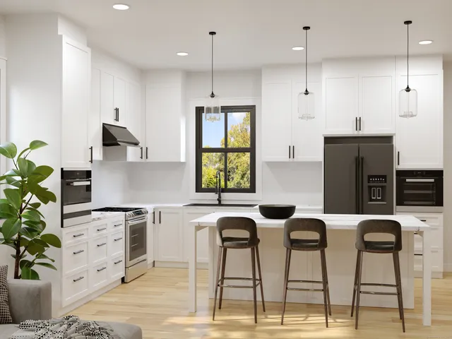 a kitchen with stainless steel appliances kitchen island granite countertop a stove a refrigerator a sink a dining table and chairs with wooden floor