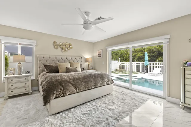 a spacious bedroom with a large bed and a large window